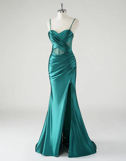 QIAIWAN elegant mermaid pleated slim shoulder sleeveless satin ball gown