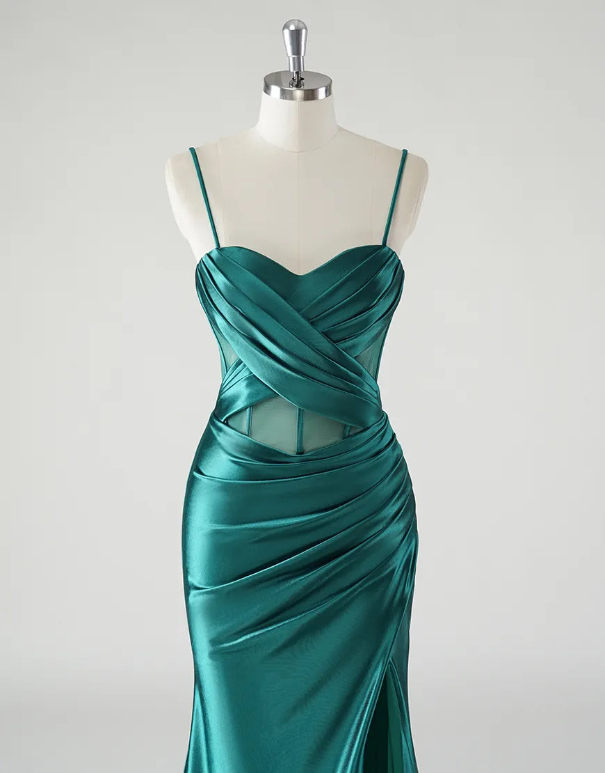 QIAIWAN elegant mermaid pleated slim shoulder sleeveless satin ball gown