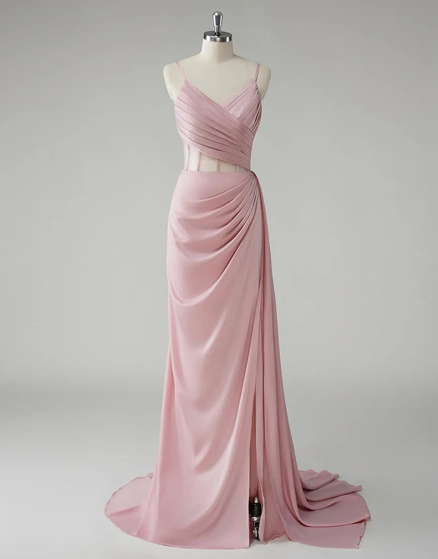 QIAIWAN Elegant Mermaid Strap Sleeveless Satin Ball Dress