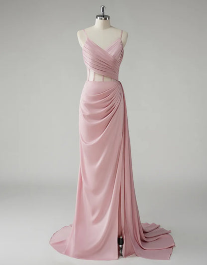 QIAIWAN Elegant Mermaid Strap Sleeveless Satin Ball Dress