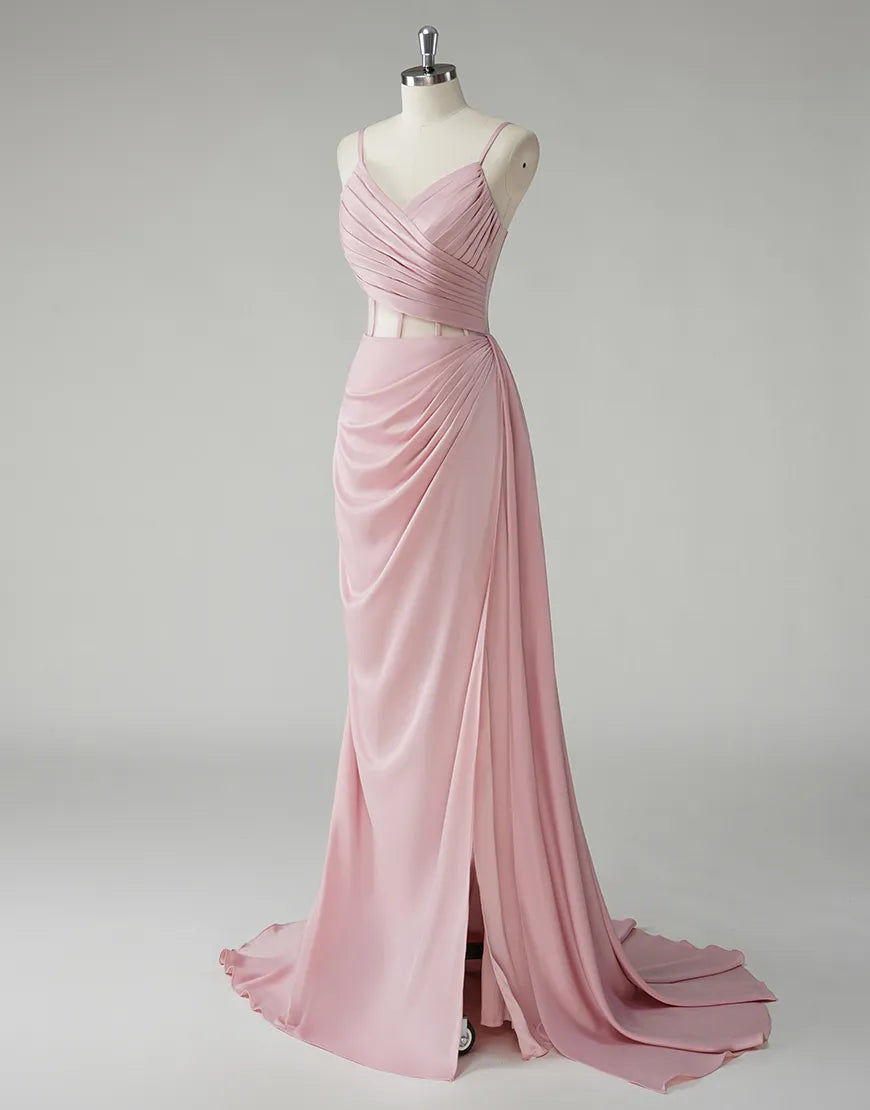 QIAIWAN Elegant Mermaid Strap Sleeveless Satin Ball Dress