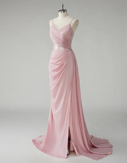 QIAIWAN Elegant Mermaid Strap Sleeveless Satin Ball Dress