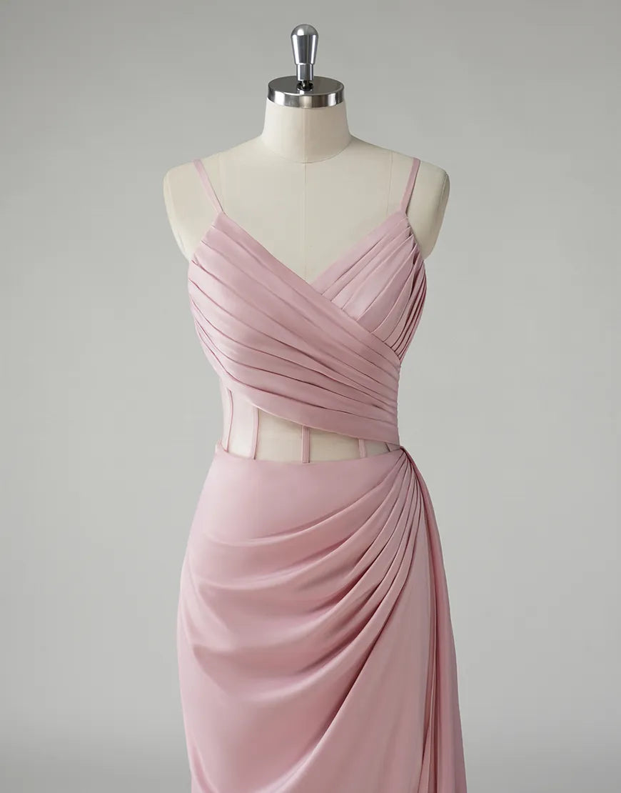 QIAIWAN Elegant Mermaid Strap Sleeveless Satin Ball Dress