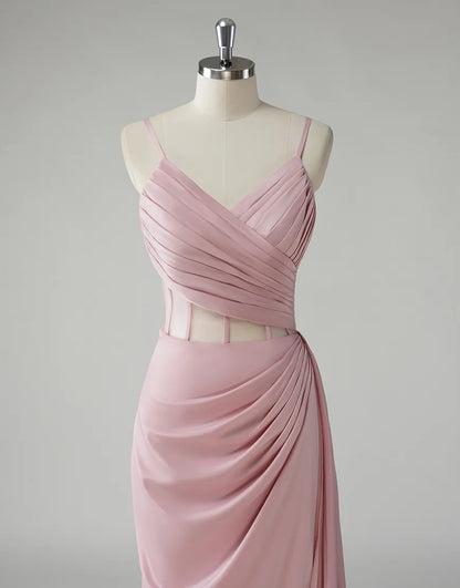 QIAIWAN Elegant Mermaid Strap Sleeveless Satin Ball Dress