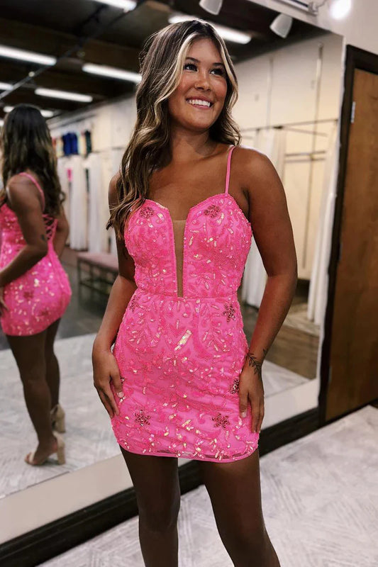 Hot Pink Spaghetti Straps Sequin Lace Tight Short Homecoming Dress