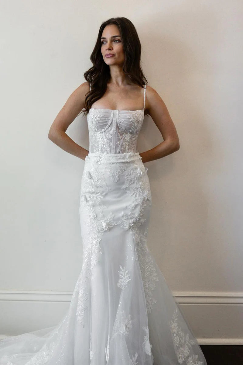 Mermaid Spaghetti Straps White Tulle Wedding Dresses with Appliques