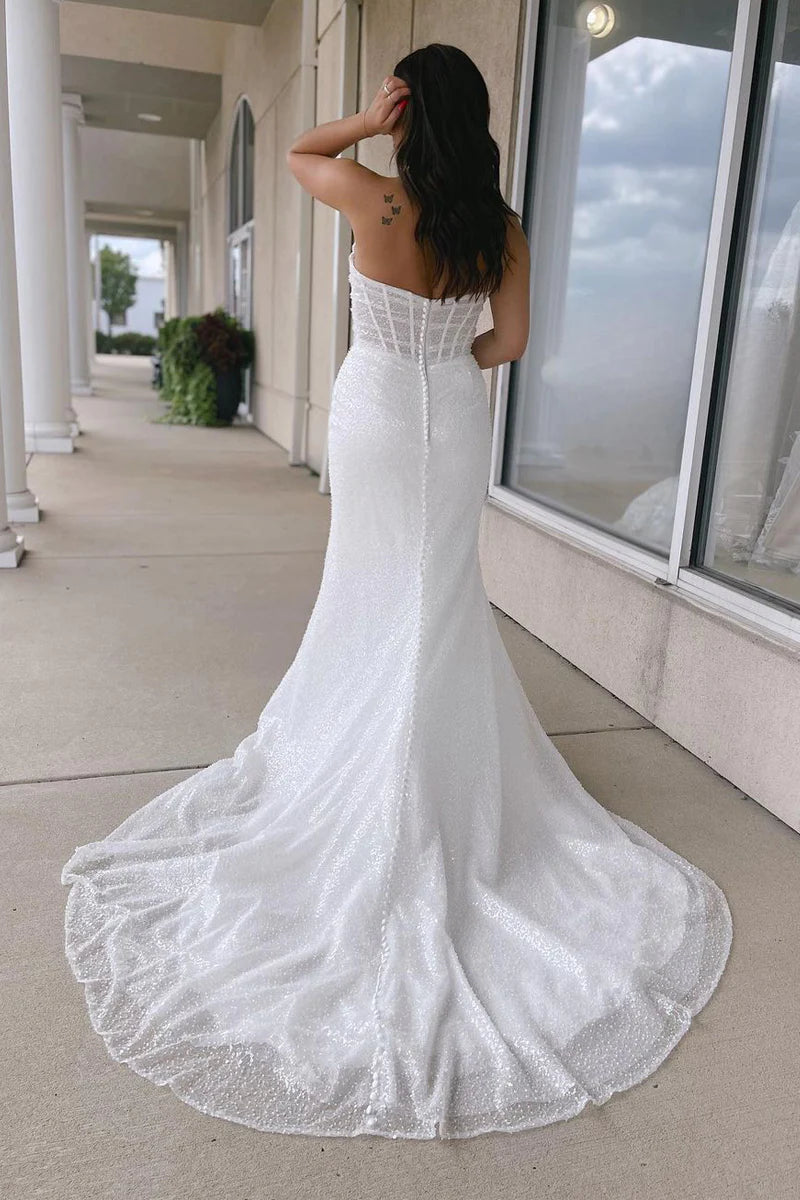 Sparkly Mermaid Strapless White Sequins Wedding Dresses