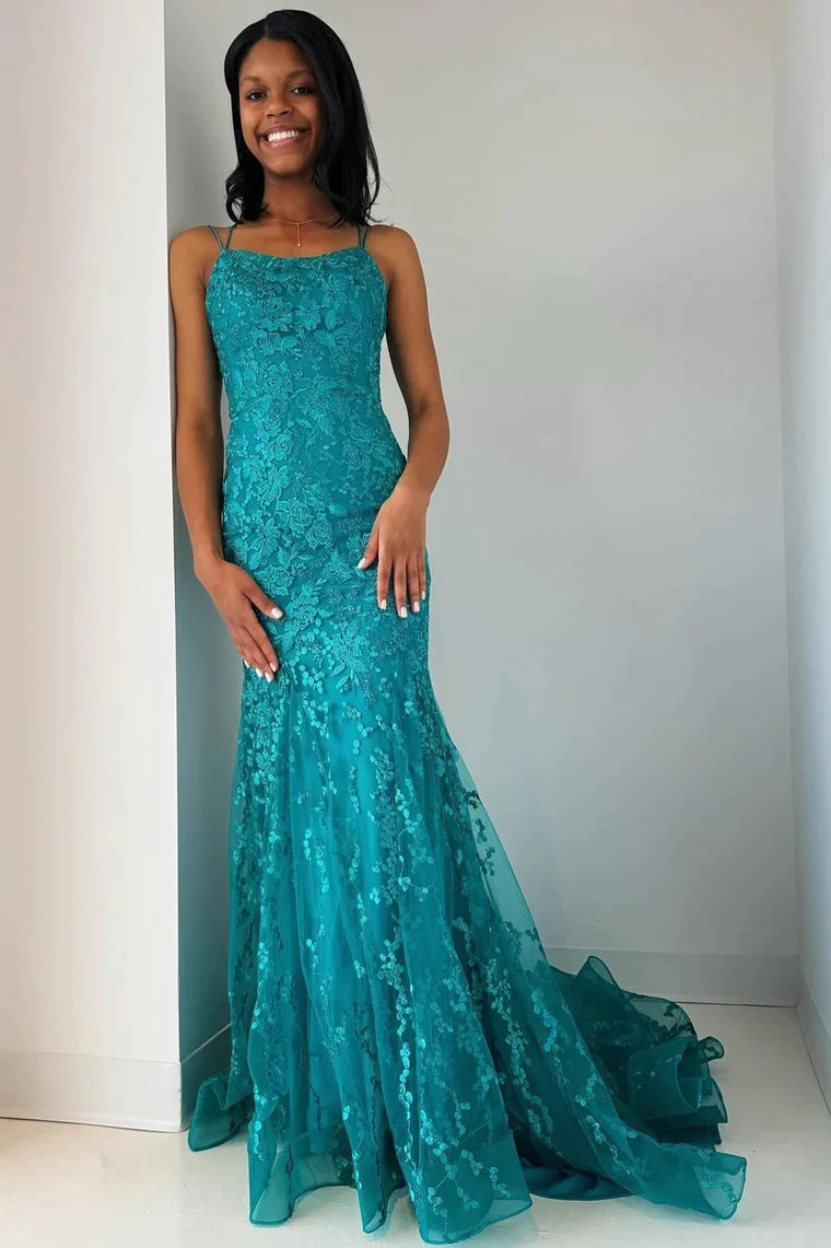 Turquoise Appliques Lace-Up Trumpet Long Prom Dress