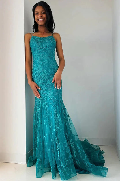 Turquoise Appliques Lace-Up Trumpet Long Prom Dress