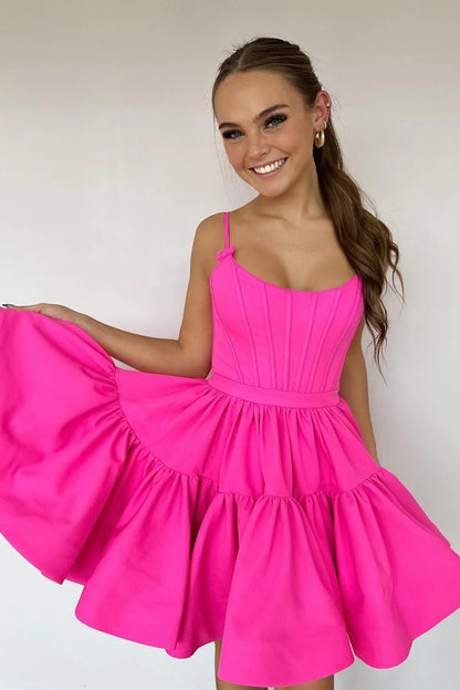 Cute A-Line Scoop Neck Hot Pink Satin Short Homecoming Dresses