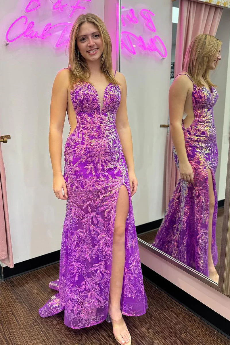 Purple Sequins Lace V Neck Mermaid Long Prom Dress with Slit