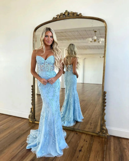 Cute Mermaid Sweetheart Light Blue Lace Long Prom Dresses