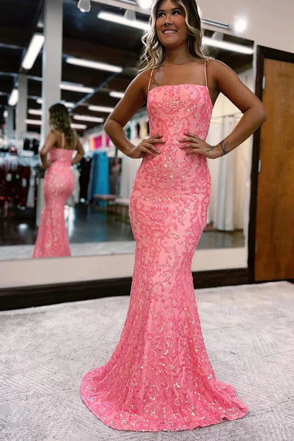 Charming Mermaid Straps Coral Sequins Lace Long Prom Dresses