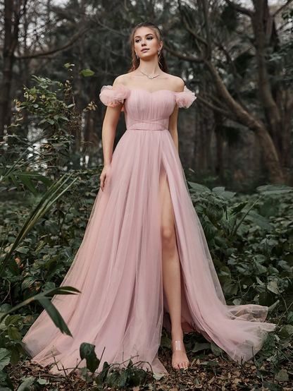 Elegant off shoulder sleeveless backless chiffon ball gown