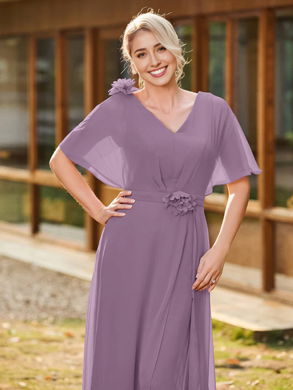 V-neck short sleeved chiffon bridal mother's dress with appliqu é - QIAIWAN Dress