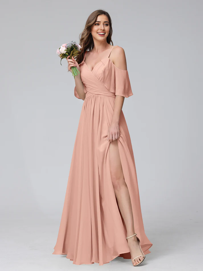 QIAIWAN Dress Chiffon V-neck A-line Split Bridesmaid Dress