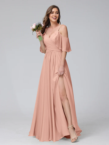 QIAIWAN Dress Chiffon V-neck A-line Split Bridesmaid Dress