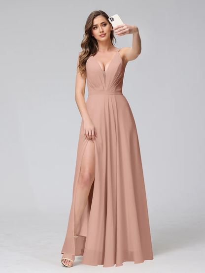 QIAIWAN Dress's charming V-neck sleeveless chiffon bridesmaid dress