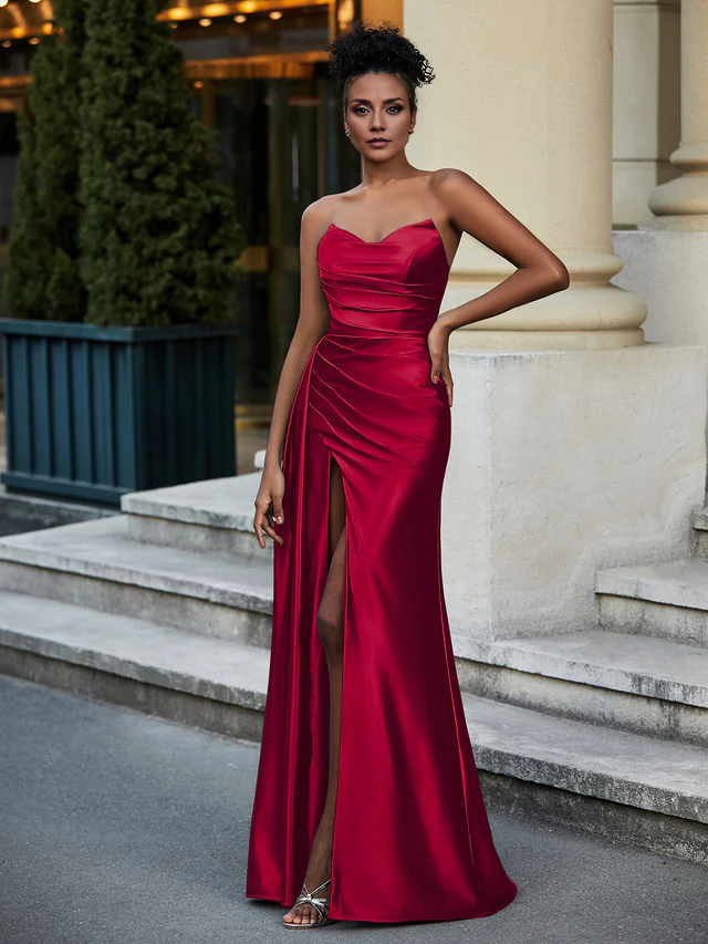 Sweetheart Stretch Satin Sweep Prom Dresses QIAIWAN Dresses