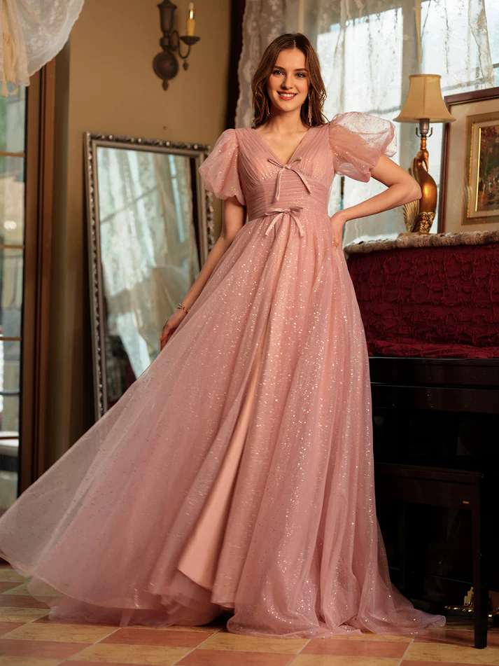 QIAIWAN Dress Elegant Chiffon V-neck Split Ball Dress