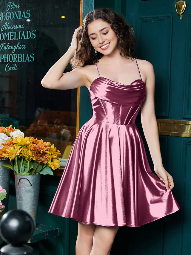 Narrow shoulder strap stretch satin homecoming dress - QIAIWAN Dress