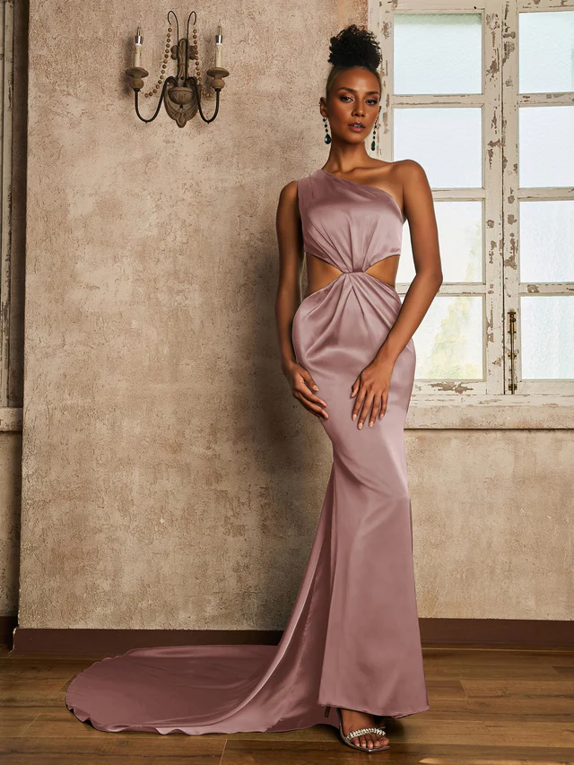 Single shoulder pleated floor length skirt Prom Dresses QIAIWAN Dress