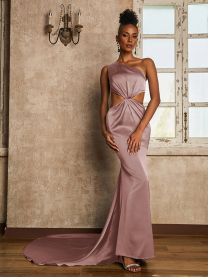 Single shoulder pleated floor length skirt Prom Dresses QIAIWAN Dress