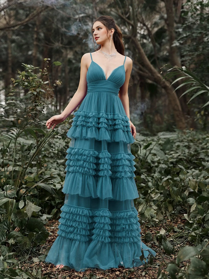 Gorgeous thin shoulder V-neck layered chiffon ball gown