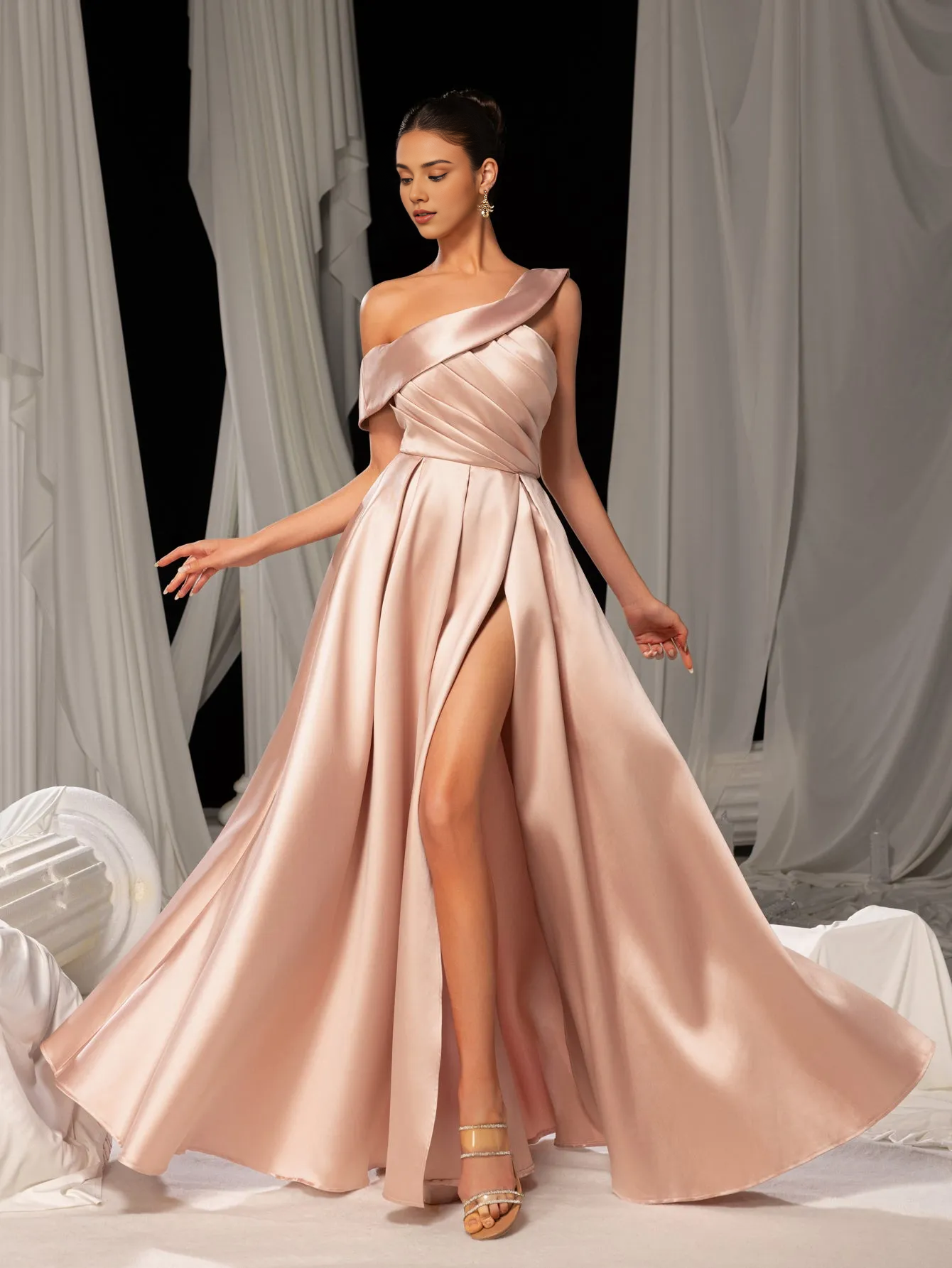 QIAIWAN Elegant One Shoulder Sleeveless A-line Satin Ball Dress