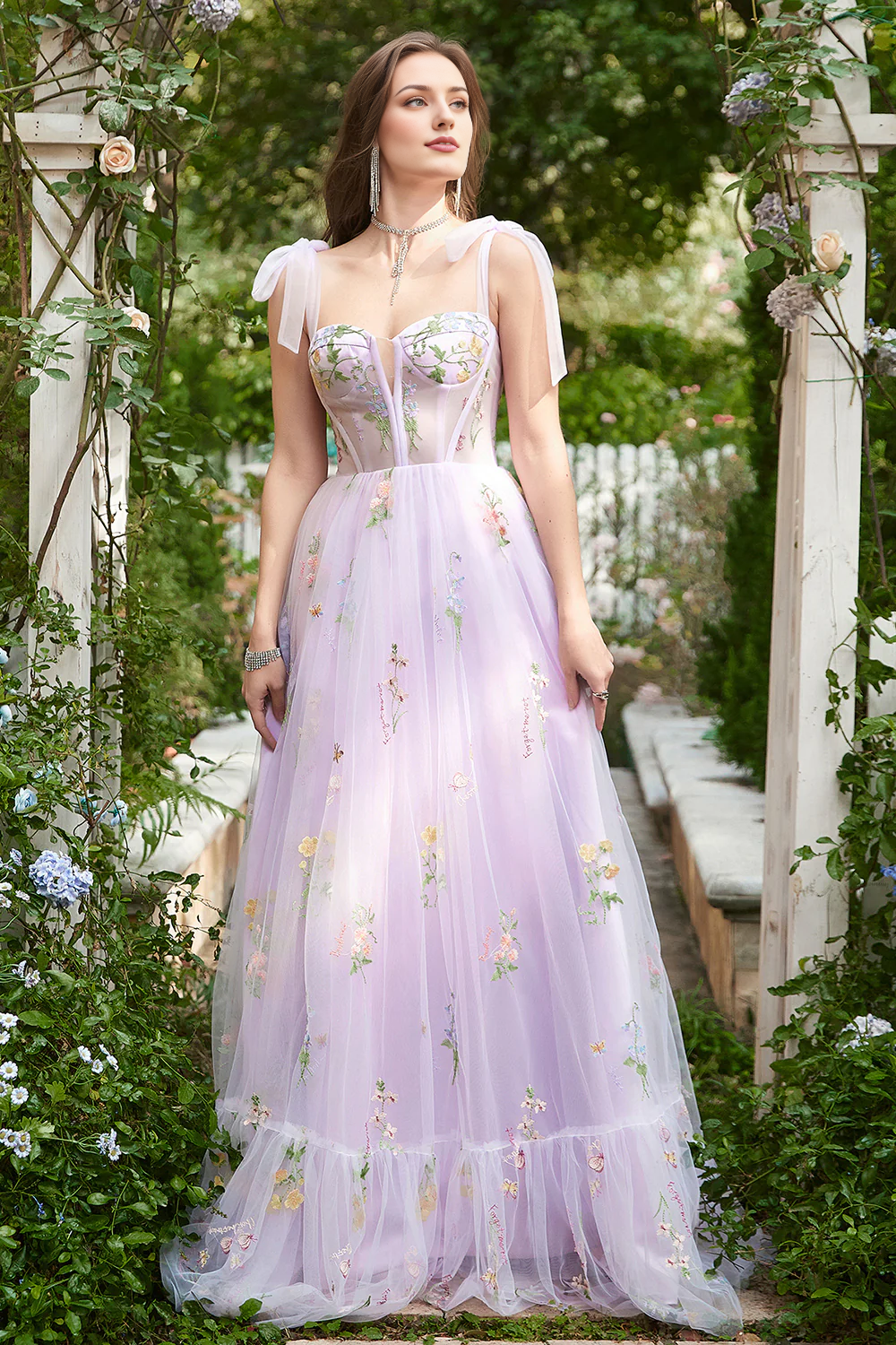 Lavender A-Line Slip Dress Embroidery Corset Tulle Long Prom Dress