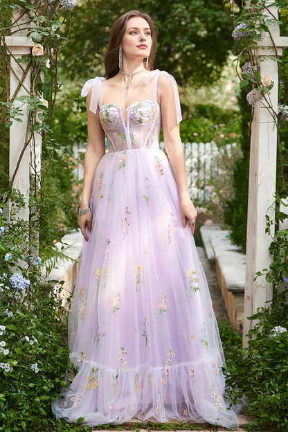 Lavender A-Line Slip Dress Embroidery Corset Tulle Long Prom Dress