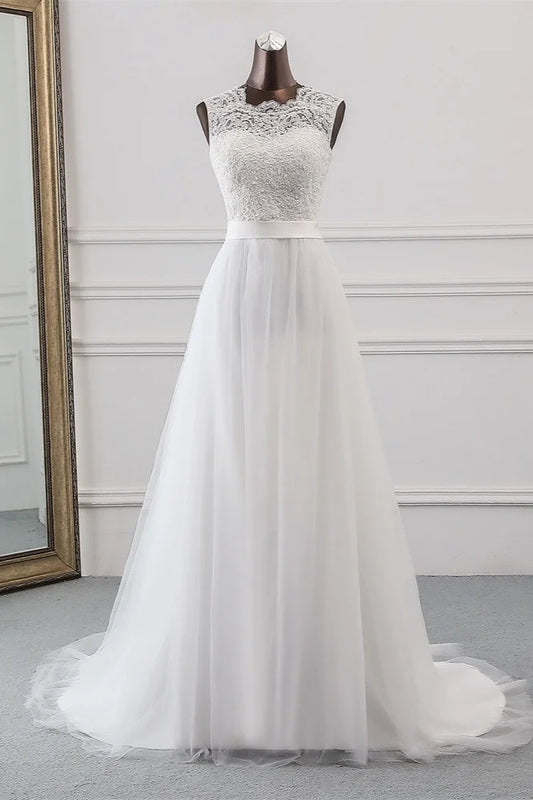 A-Line Jewel Long Wedding Gown With Lace Appliques