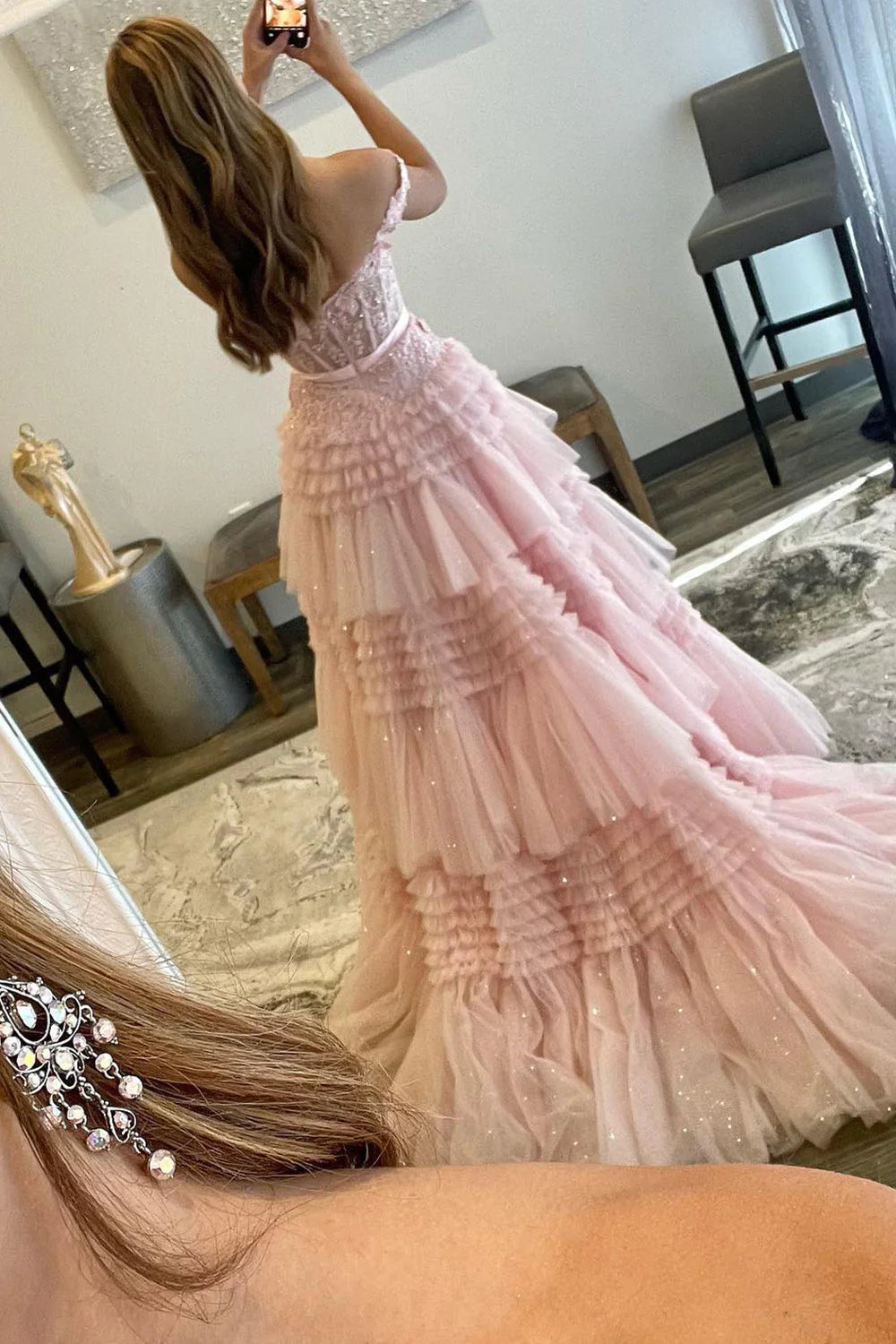 Princess A-Line Off the Shoulder Light Pink Tiered Ruffled Tulle Long Prom Dresses