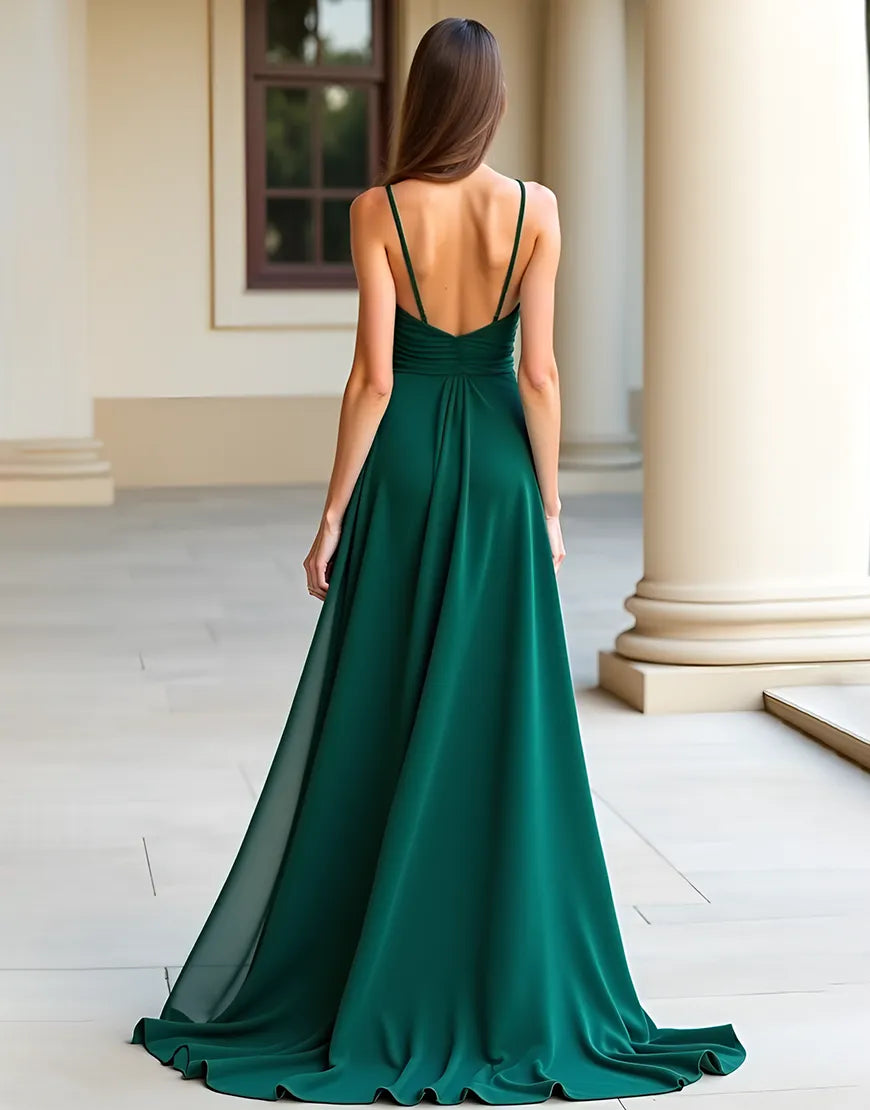 QIAIWAN slim shoulder strap sleeveless off shoulder backless split ball gown