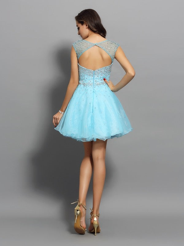 A-Line/Princess Scoop Beading Sleeveless Short Organza Cocktail Dresses