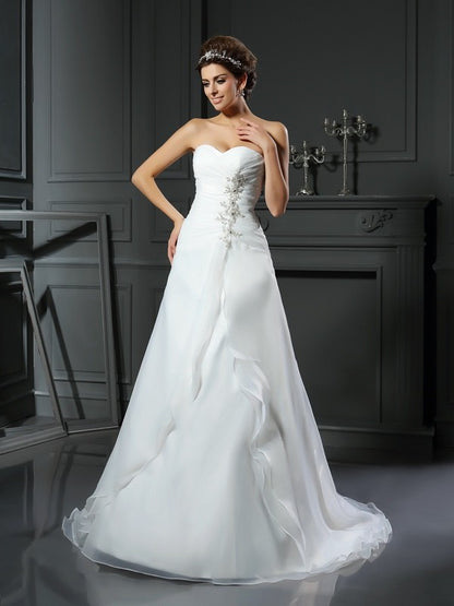 A-Line/Princess Sweetheart Ruched Sleeveless Long Satin Wedding Dresses