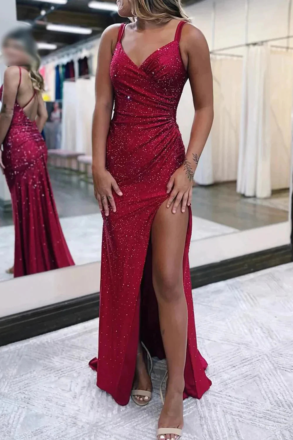 Sparkly Dark Red One Shoulder Sheath Long Prom Dress with Slit