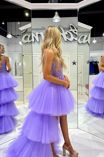 Lilac Tulle V Neck High Low Prom Dresses with Appliques