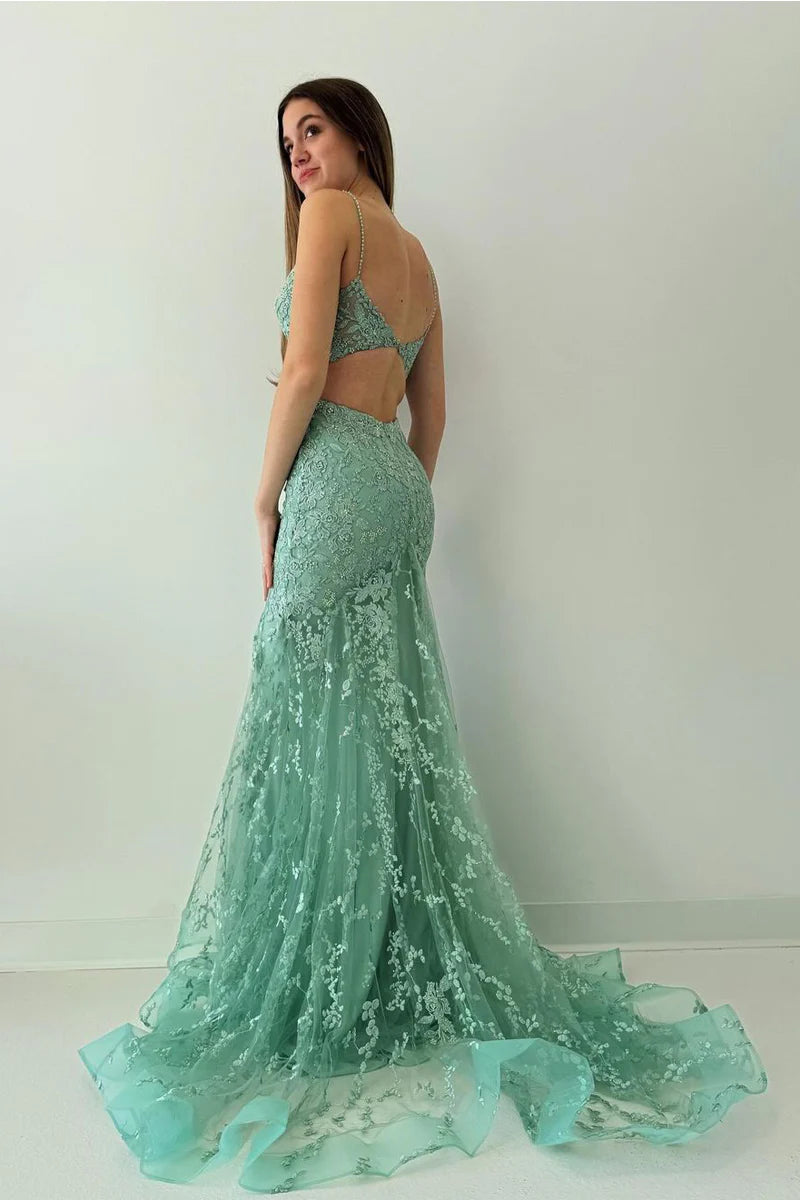 Green V Neck Lace Mermaid Long Prom Dresses