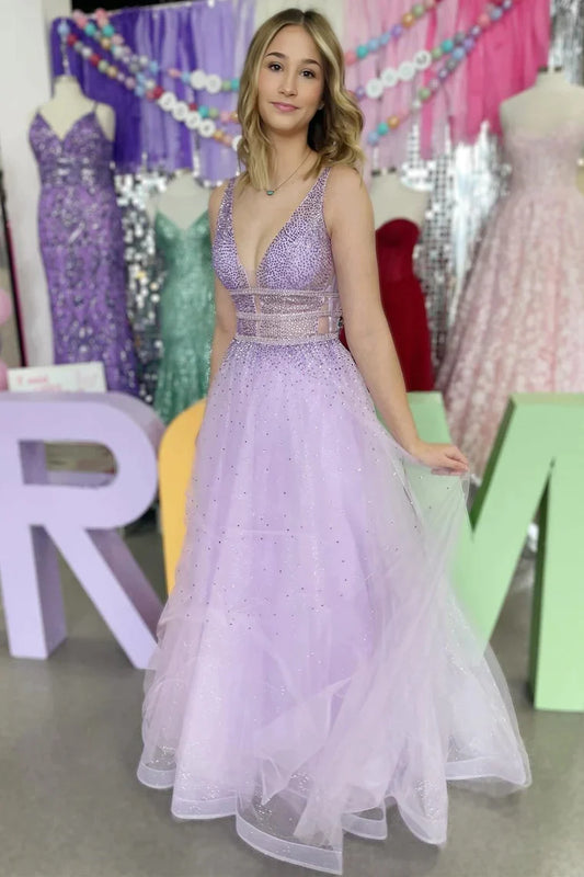 Lavender V Neck Beaded Tulle A-Line Prom Dresses