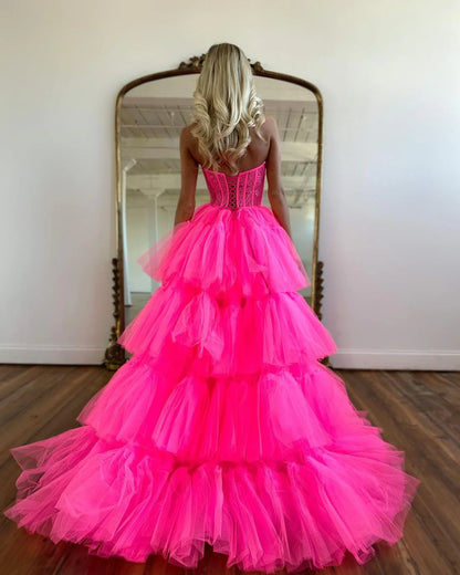 Cute A Line Sleeveless Dress Sweetheart Hot Pink Tulle High Low Prom Dresses