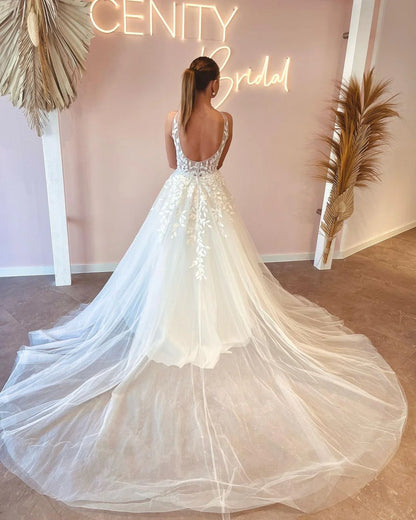 Elegant A Line V Neck Tulle Wedding Dresses with Appliques