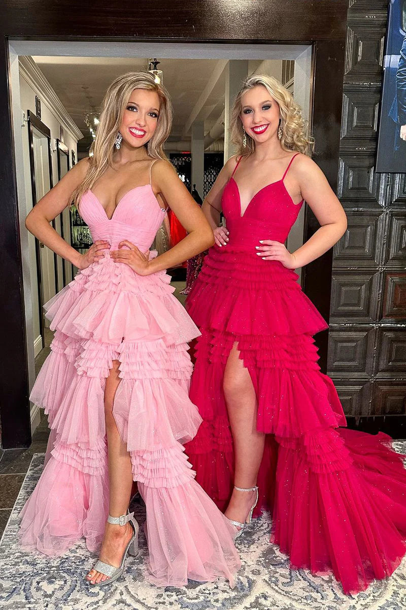 Pink V Neck Tiered Tulle Long Prom Dresses with Slit