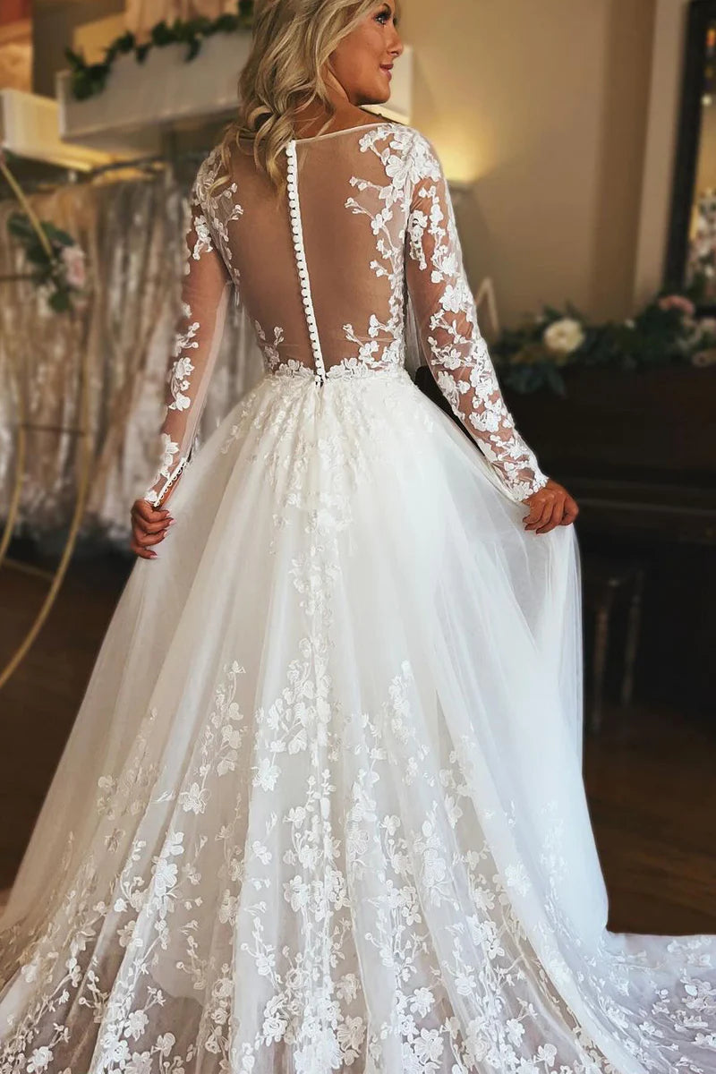 A-Line V Neck Long Sleeve Tulle Lace Wedding Dresses