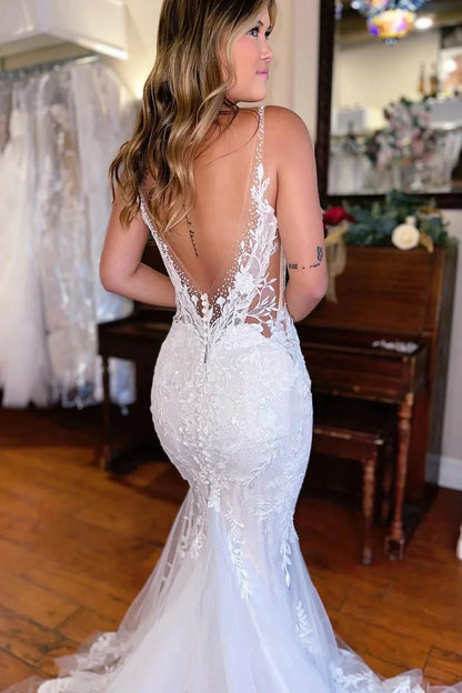 Mermaid Deep V Neck White Lace Wedding Dress with Sweep Train