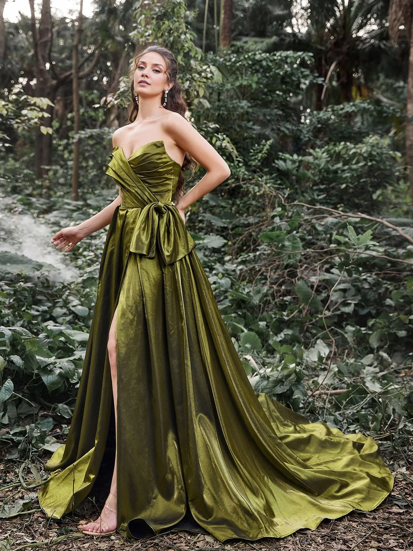 Gorgeous wrinkled tight off shoulder slit satin ballroom dress