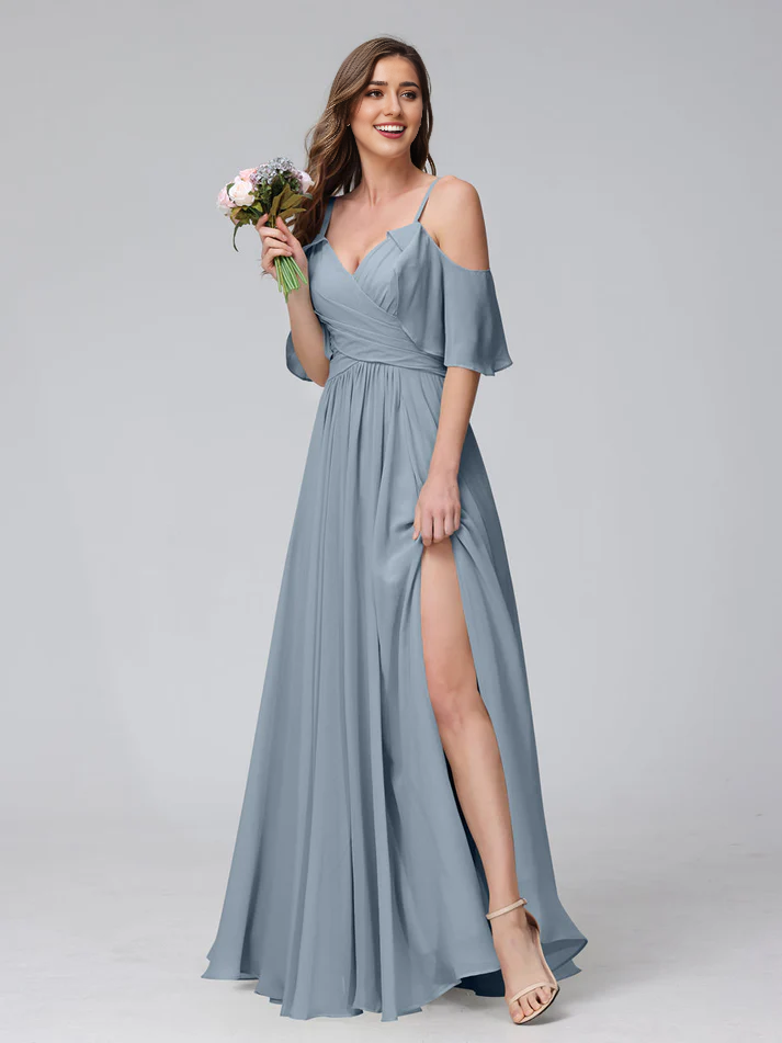 QIAIWAN Dress Chiffon V-neck A-line Split Bridesmaid Dress