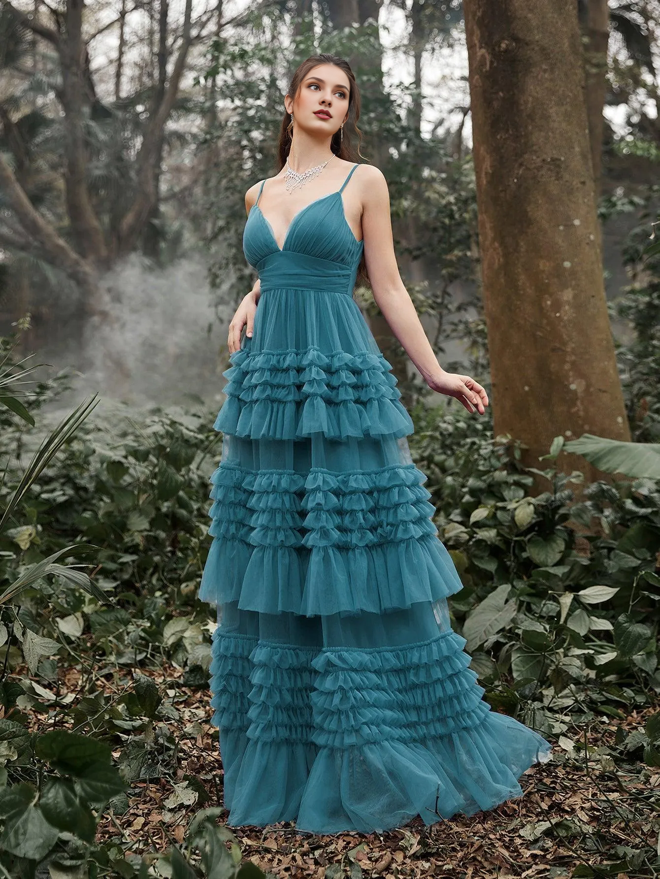 Gorgeous thin shoulder V-neck layered chiffon ball gown