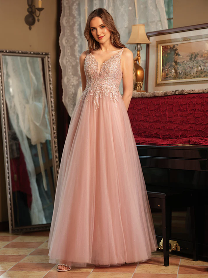 QIAIWAN Dress V-neck chiffon split applique ball gown