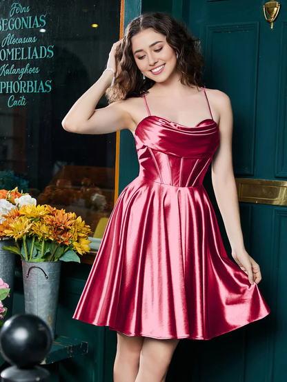 Narrow shoulder strap stretch satin homecoming dress - QIAIWAN Dress